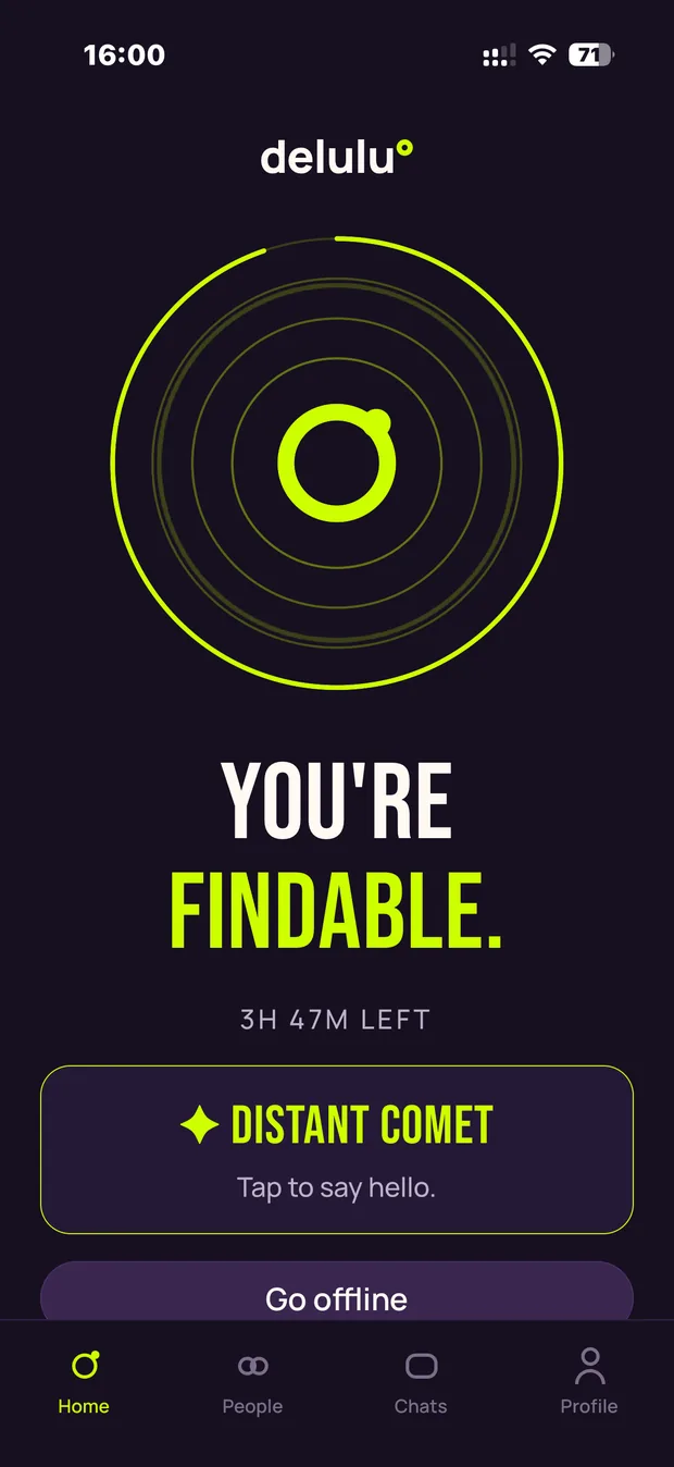 The DELULU home screen. A large electric ring pulses inside fainter rings, above the words “You’re findable” and “3h 47m left”.