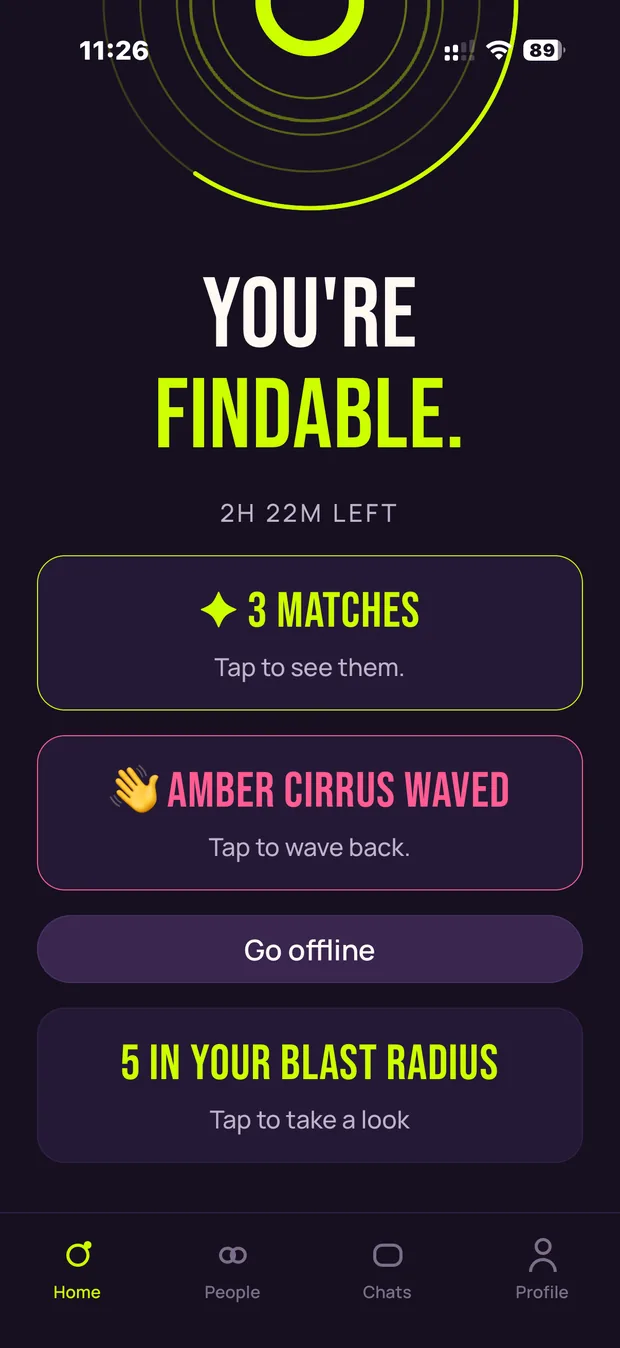 The DELULU home screen showing three stacked tiles: “3 matches”, “Amber Cirrus waved”, and “5 in your Blast Radius”.