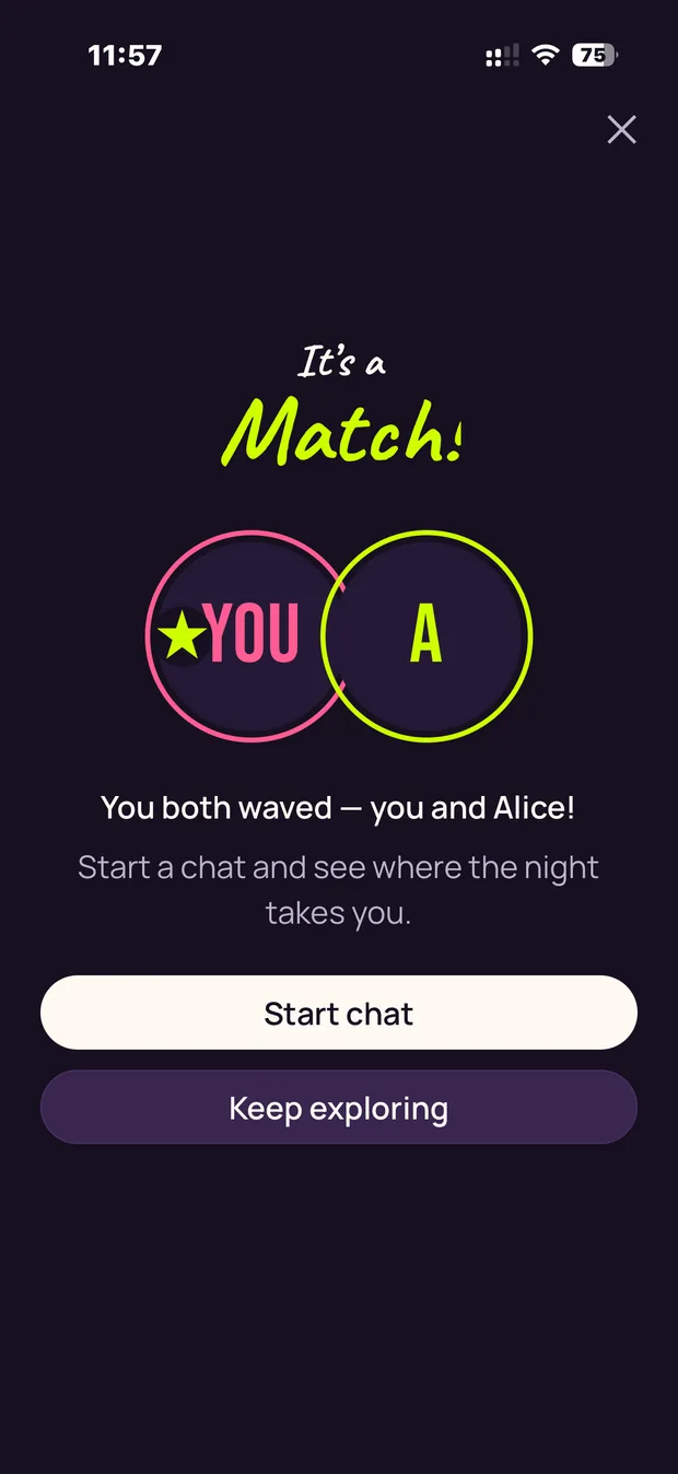 A full-screen celebration reading “It’s a Match!” with two rings meeting at a star, and the line “You both waved — you and Alice”.