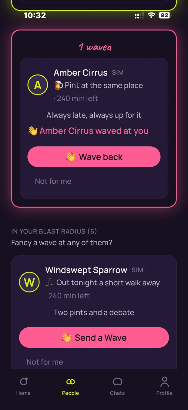 The people screen. A coral panel headed “1 waved” shows Amber Cirrus, who is up for a pint at the same place, with a “Wave back” button. Below, a list headed “In your Blast Radius”.
